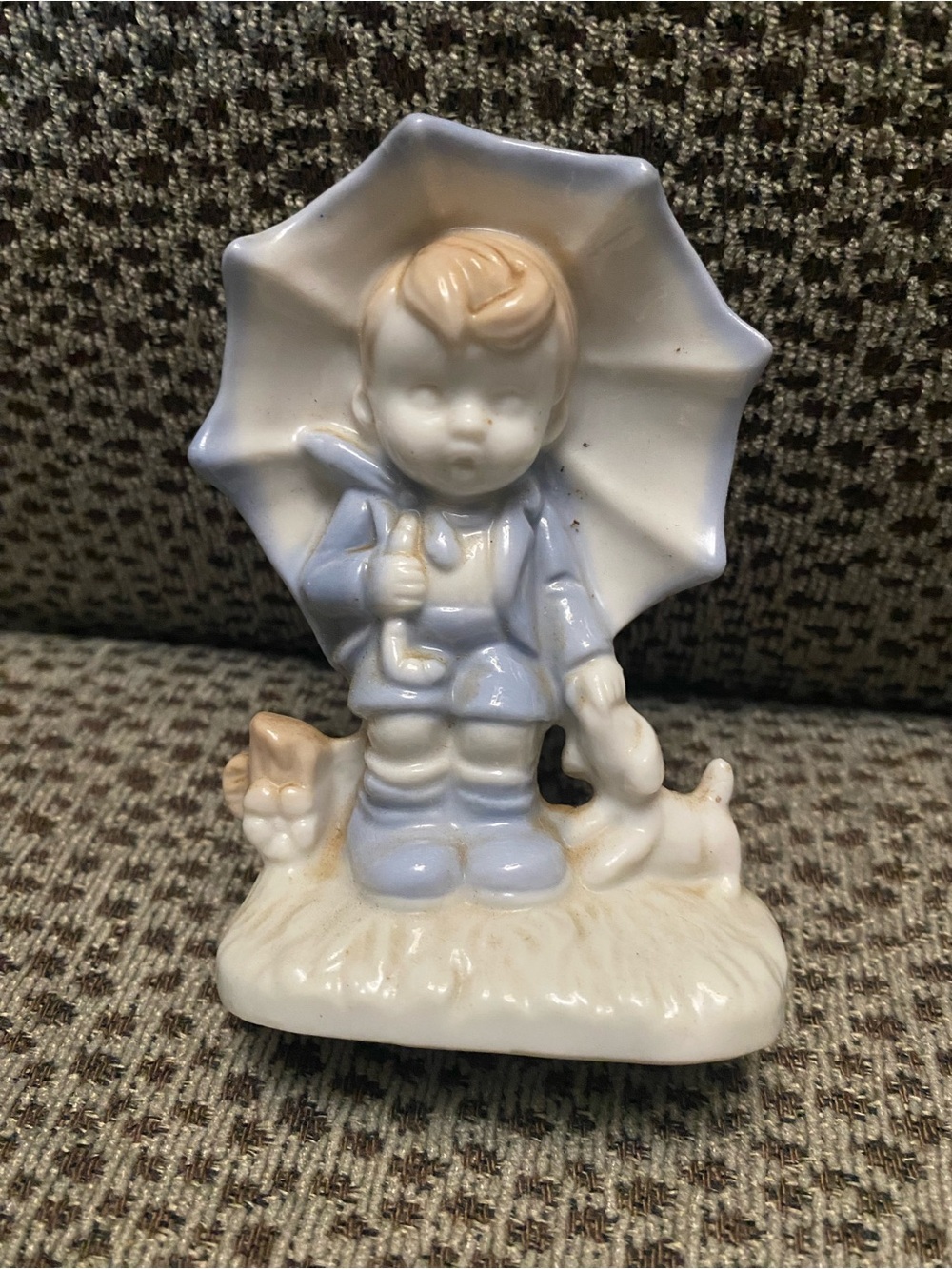 Enesco Blue and Cream Porcelain Child Figurine with Umbrella